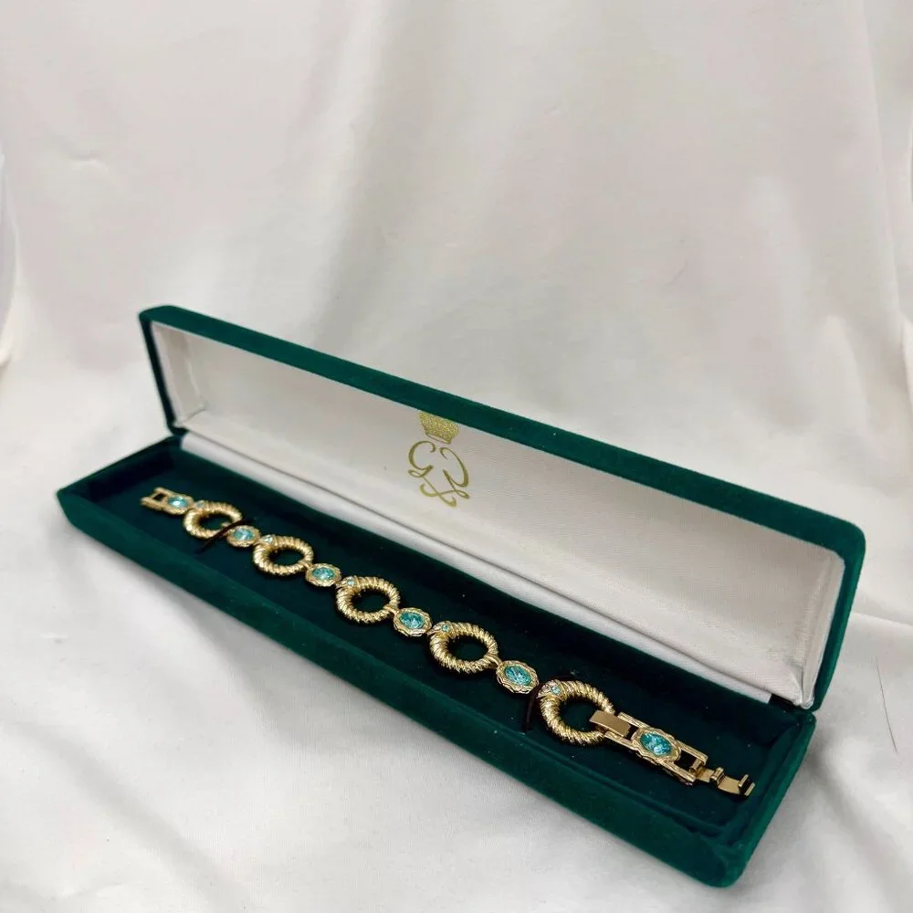 Vntg. Princess Grace Collection Gold Tone Bracelet w/Aqua Crystals & Rhinestones - Picture 12 of 15